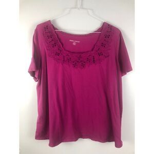 Jessica London 22/24W Blouse Top Cotton Stretch Pink/Purple Crochet Neckline
